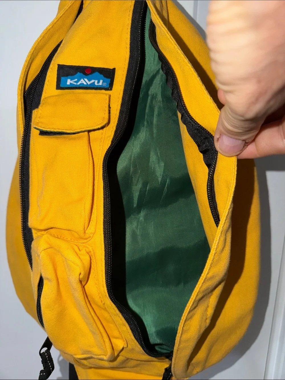 Kavu Yellow Canvas Sling Backpack with Rope Strap Accent